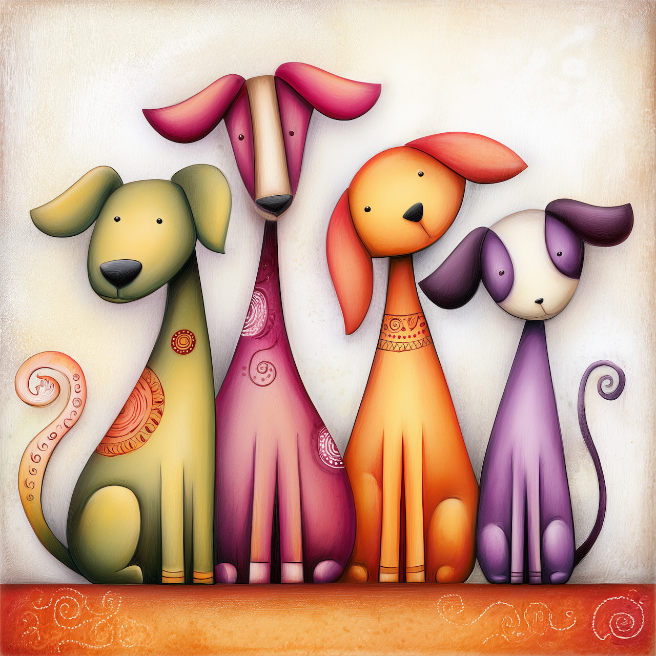 Illustration of four colorful stylized dogs sitting in a row