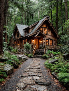 Wooden cottage in forest with stone path and moss-covered rocks