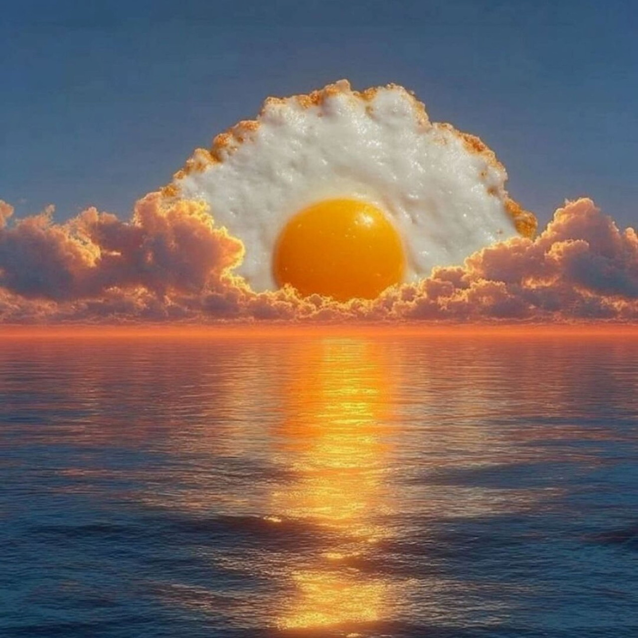 Surreal ocean sunrise with sun and clouds shaped like a fried egg with golden yolk center