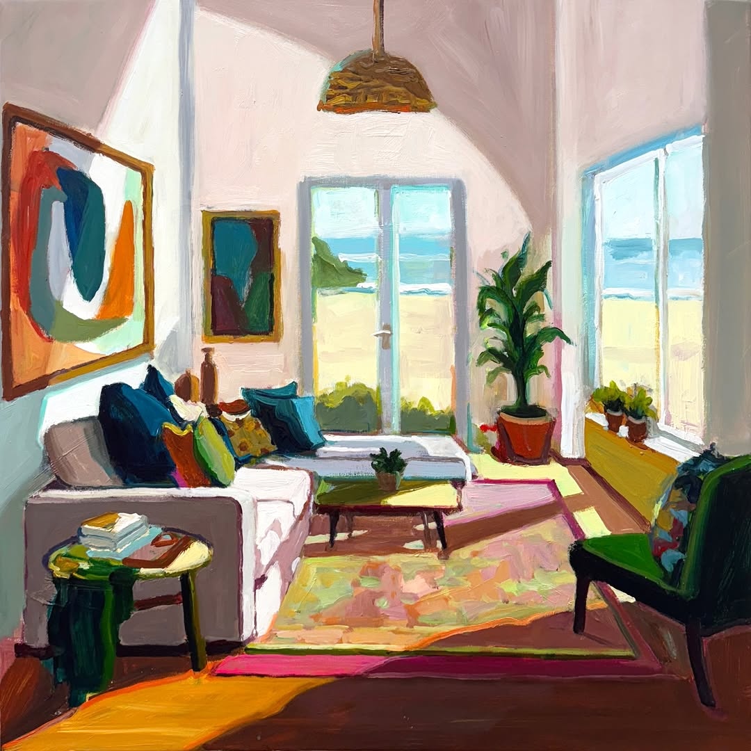Colorful painted living room with ocean view windows, sofas, plants, and abstract art on walls