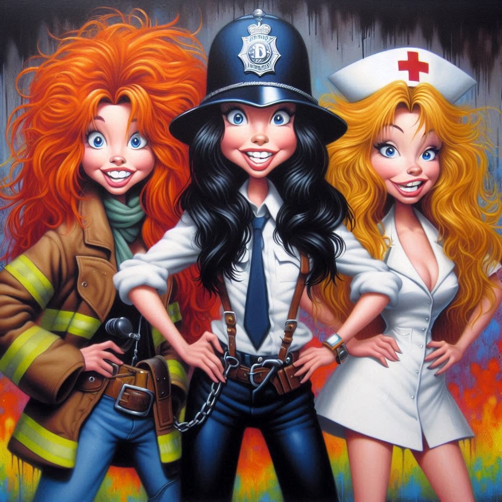 Cartoon illustration of three women dressed as firefighter, police officer, and nurse