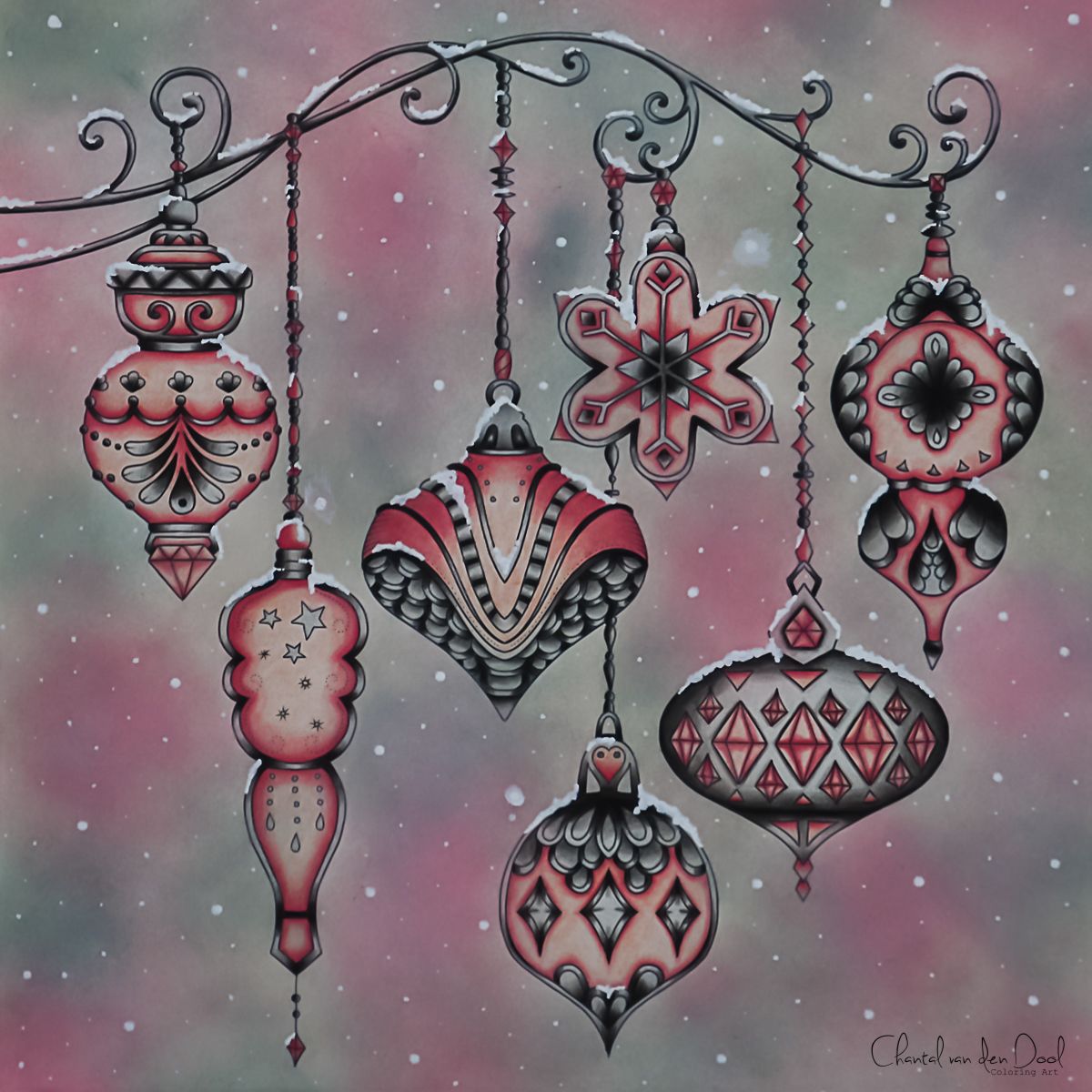 Pink and black decorative hanging ornaments on curling branches with a soft snowy background
