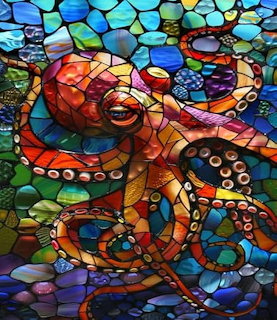 Colorful stained glass mosaic artwork of a red octopus with tentacles and suction cups