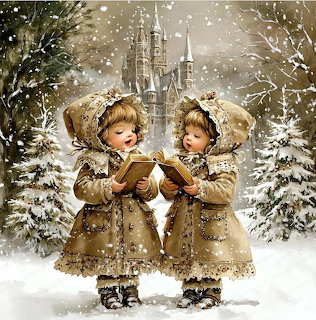 Two little girls in vintage winter coats reading books in the snow before a church