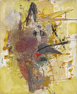 Abstract expressionist painting with yellow background, pink and brown gestural forms, and paint splatters
