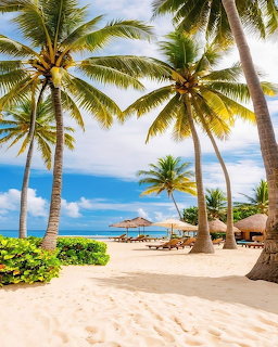 Tropical beach scene with palm trees, white sand, lounge chairs, and turquoise ocean under partly cloudy sky