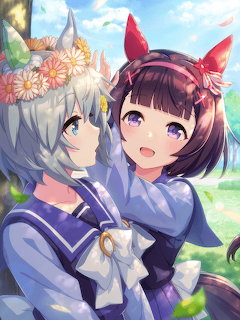 Two Umamusume anime horse girls hugging outdoors in blue school uniforms with flower accessories