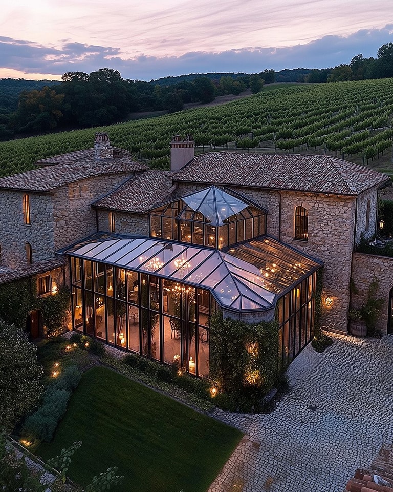 Aerial view of a stone manor with glass conservatory at dusk, set among vineyard hills