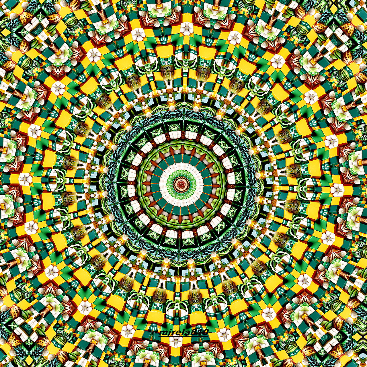 Circular mandala with intricate geometric patterns in green, yellow, orange, and white radiating from center