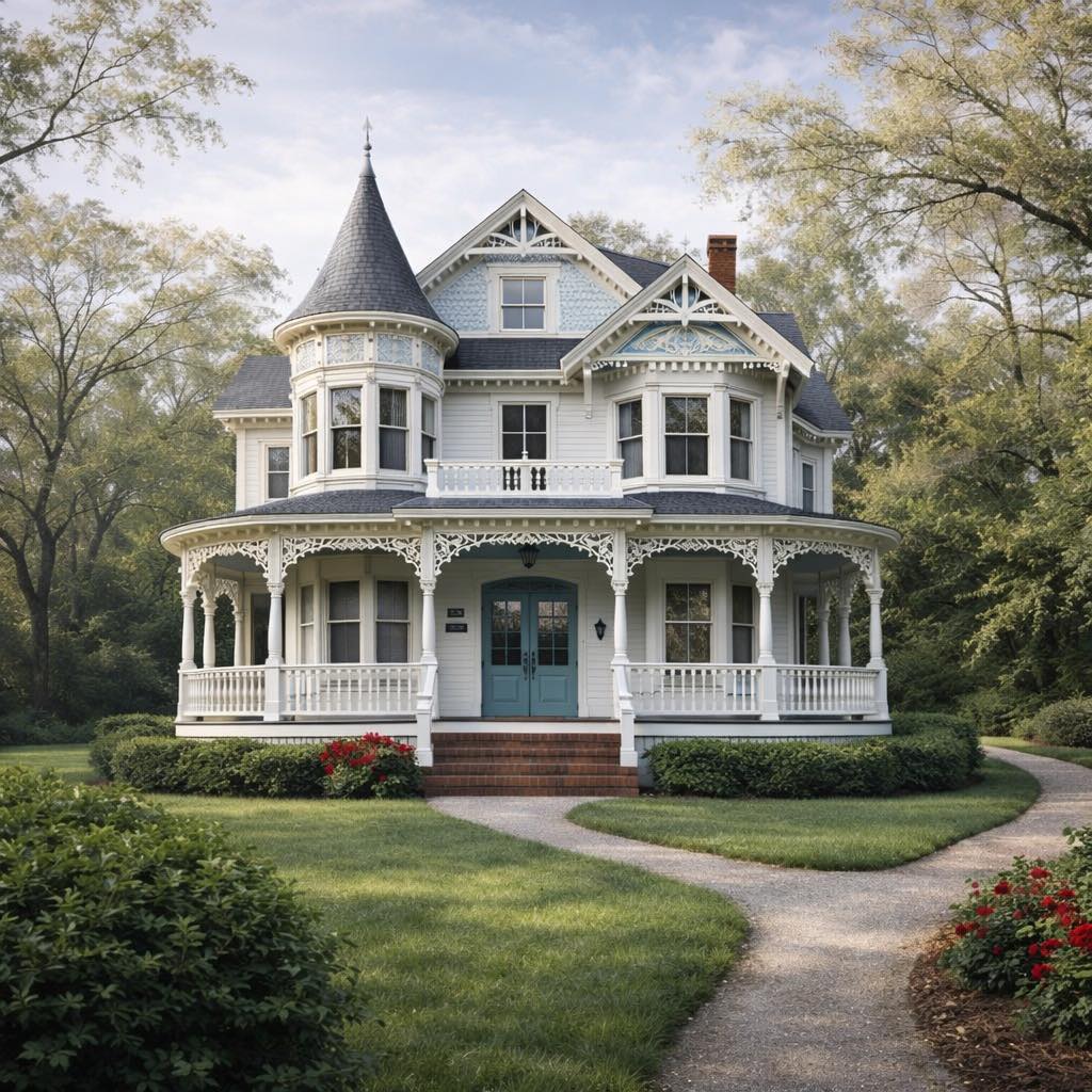 White Victorian house with turret and wraparound porch on green lawn