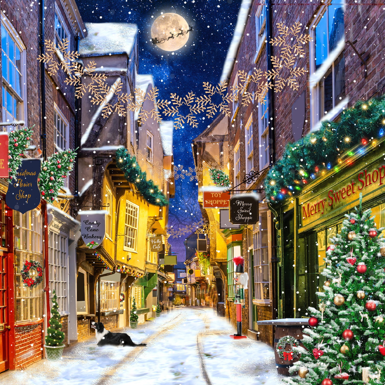 Decorated Christmas street with snow, lights, shops, and decorated trees at night