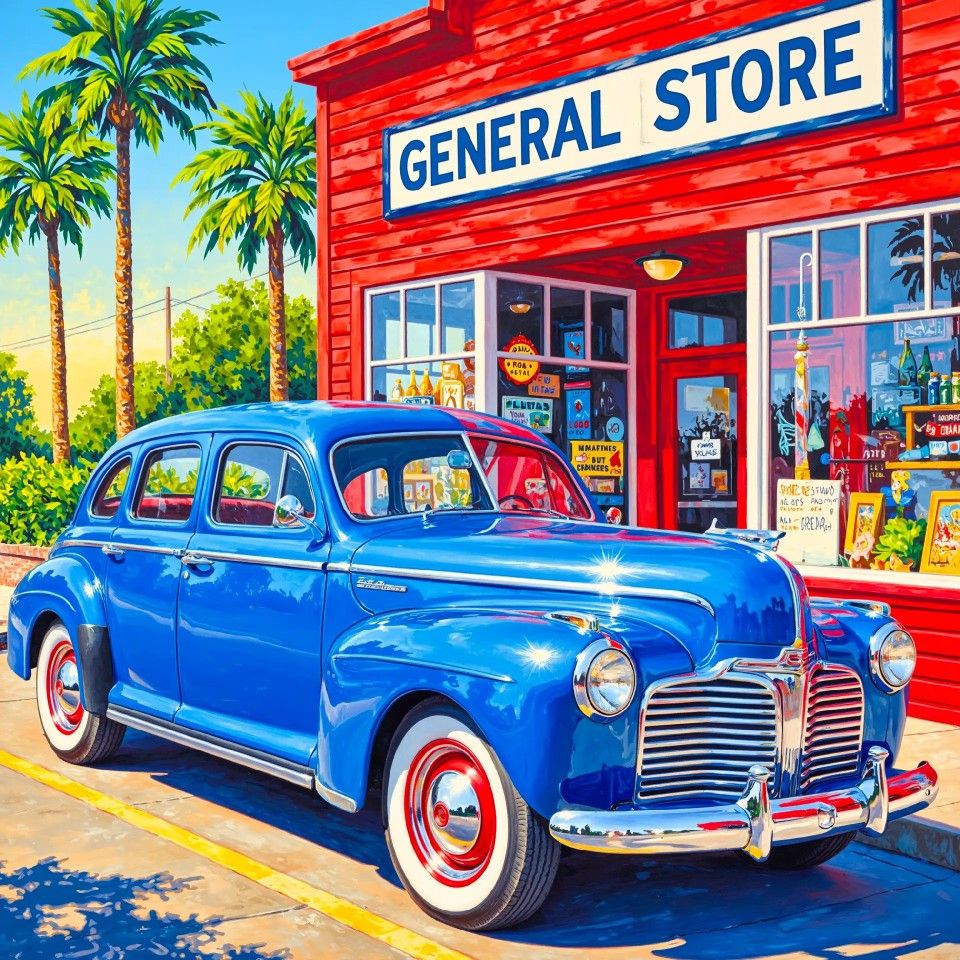 Blue vintage car parked outside a red general store with palm trees