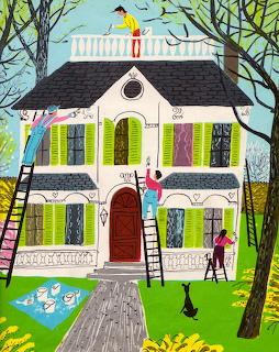 Retro illustration of white house with green shutters, people on ladders painting, spring trees and blue sky