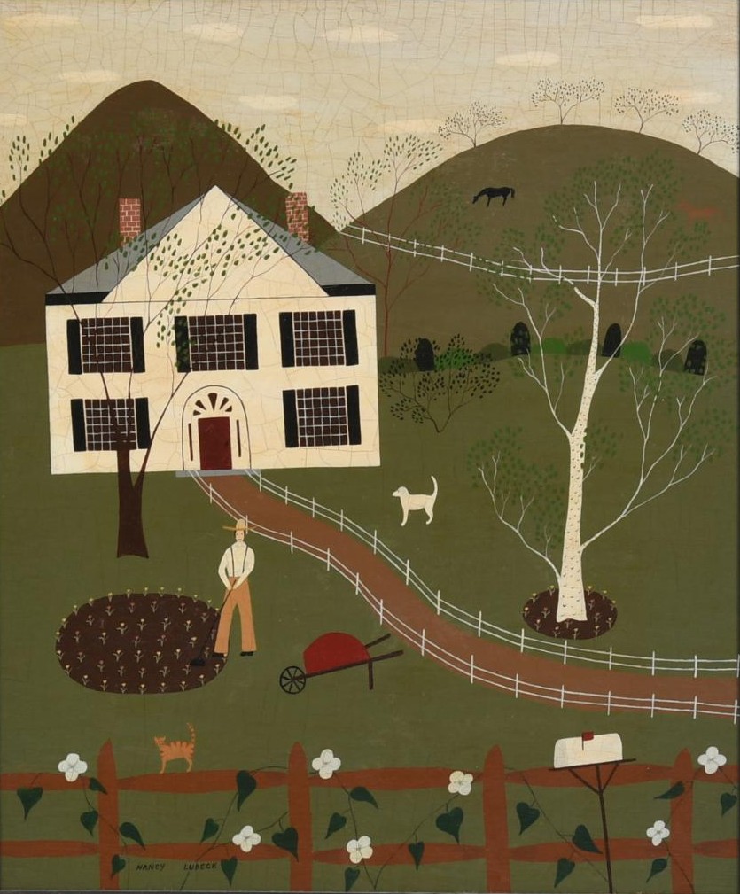 Folk art painting of white house on hillside with figure, sheep, and bare tree in primitive style