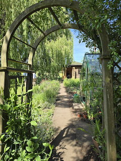 Stone path through wooden garden arch leading to cottage garden with flowers and shed