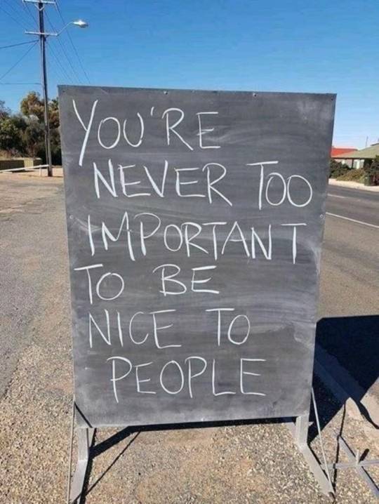 Chalkboard sign saying 'You're never too important to be nice to people' on a sunny street
