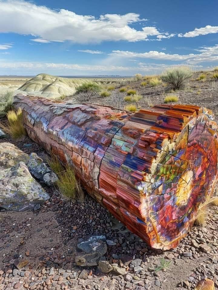 Large petrified wood log with vibrant red and orange striations in Arizona desert under partly cloudy sky