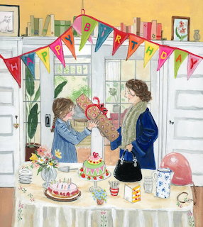 Watercolor illustration of family celebrating birthday with cake and colorful bunting banner