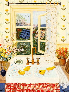Illustration of a sunny kitchen with baby chicks in a sink, open window with spring blossoms, and flowers