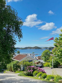 Norwegian flag above coastal houses, flowers, and a blue bay under a sunny sky