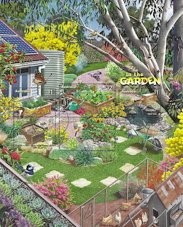 Illustrated cottage garden with pathways, flower beds, trees, and decorative landscaping elements