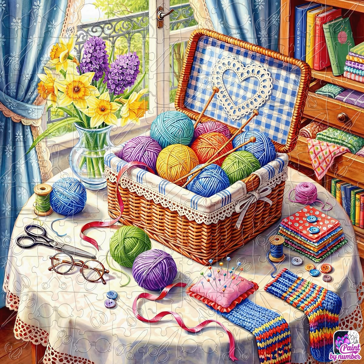 Wicker basket filled with colorful yarn balls surrounded by knitting needles, scissors, and purple flowers on windowsill