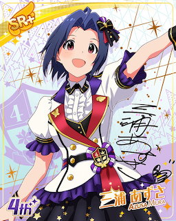 Anime idol girl with dark blue hair wearing a red and white stage costume with sparkles