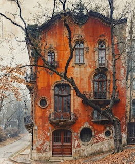 Tall old orange house with arched windows and weathered walls, bare tree branches in front