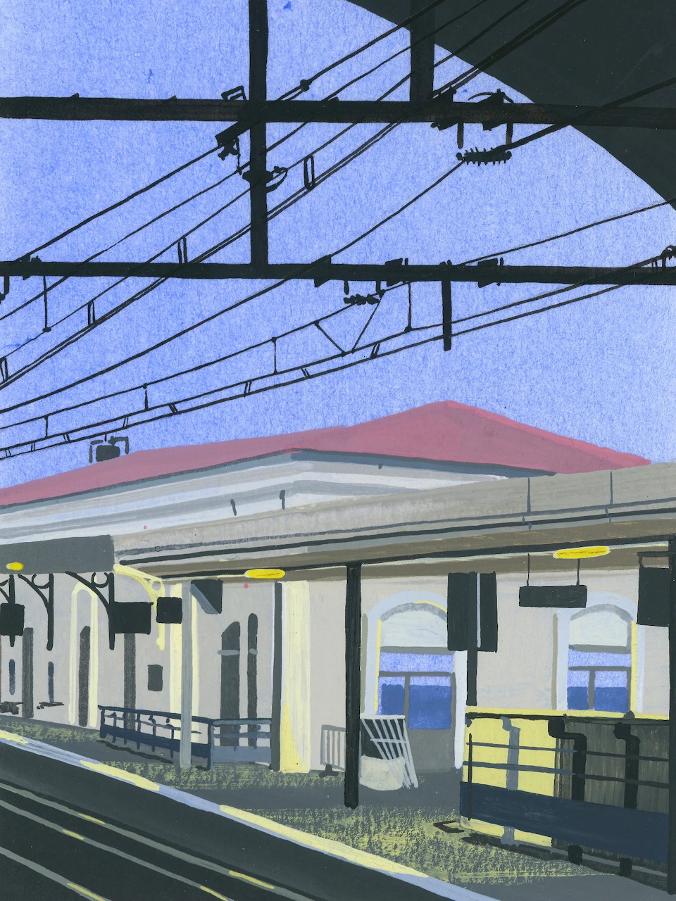 Illustration of a train station platform with overhead wires and a red-roofed building