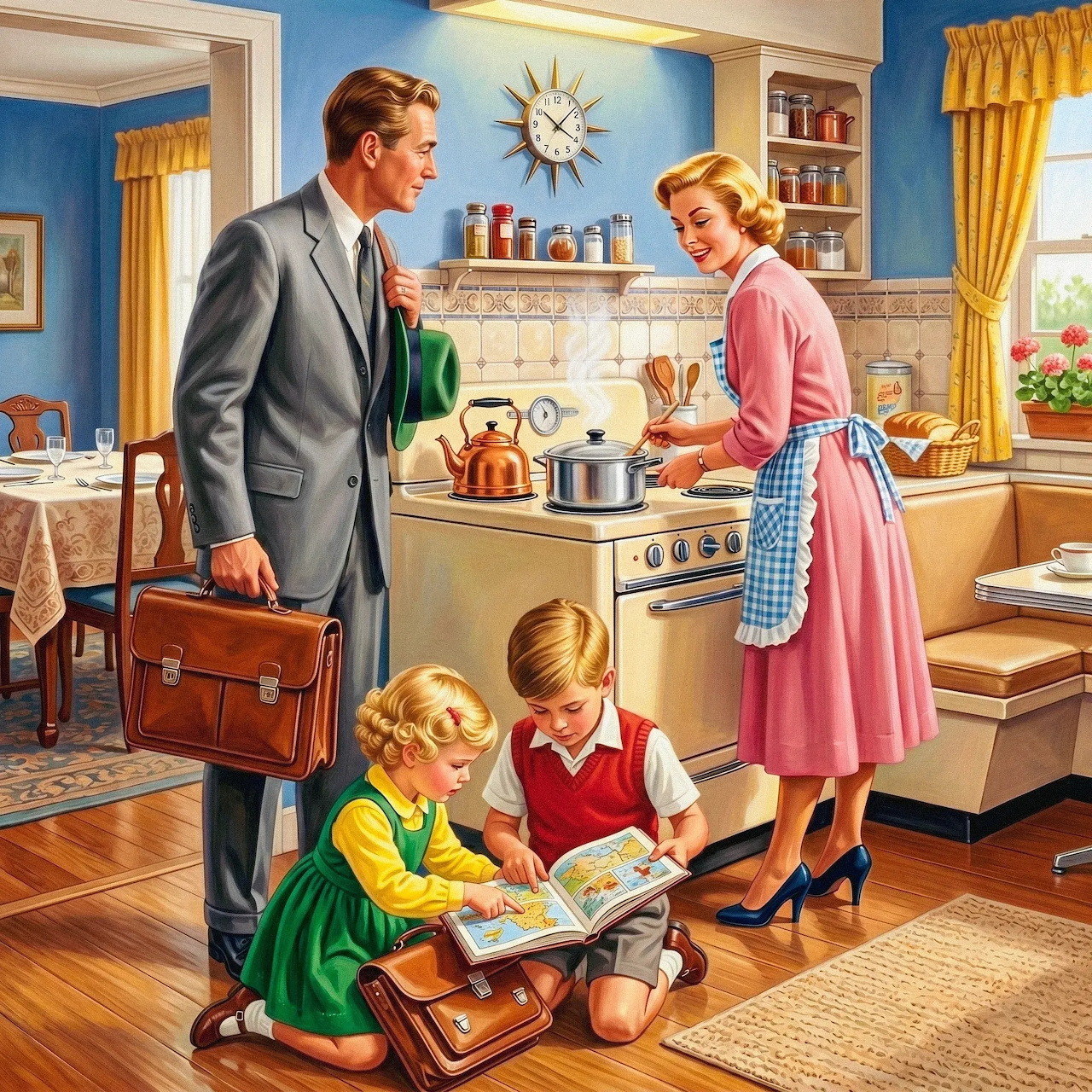 Retro 1950s family scene in kitchen with parents and children