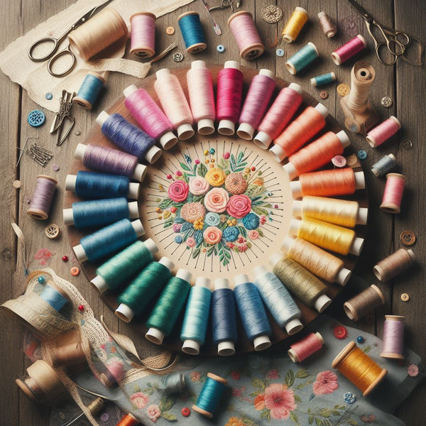 Colorful thread spools arranged in circle around embroidered floral design on wooden table with sewing tools