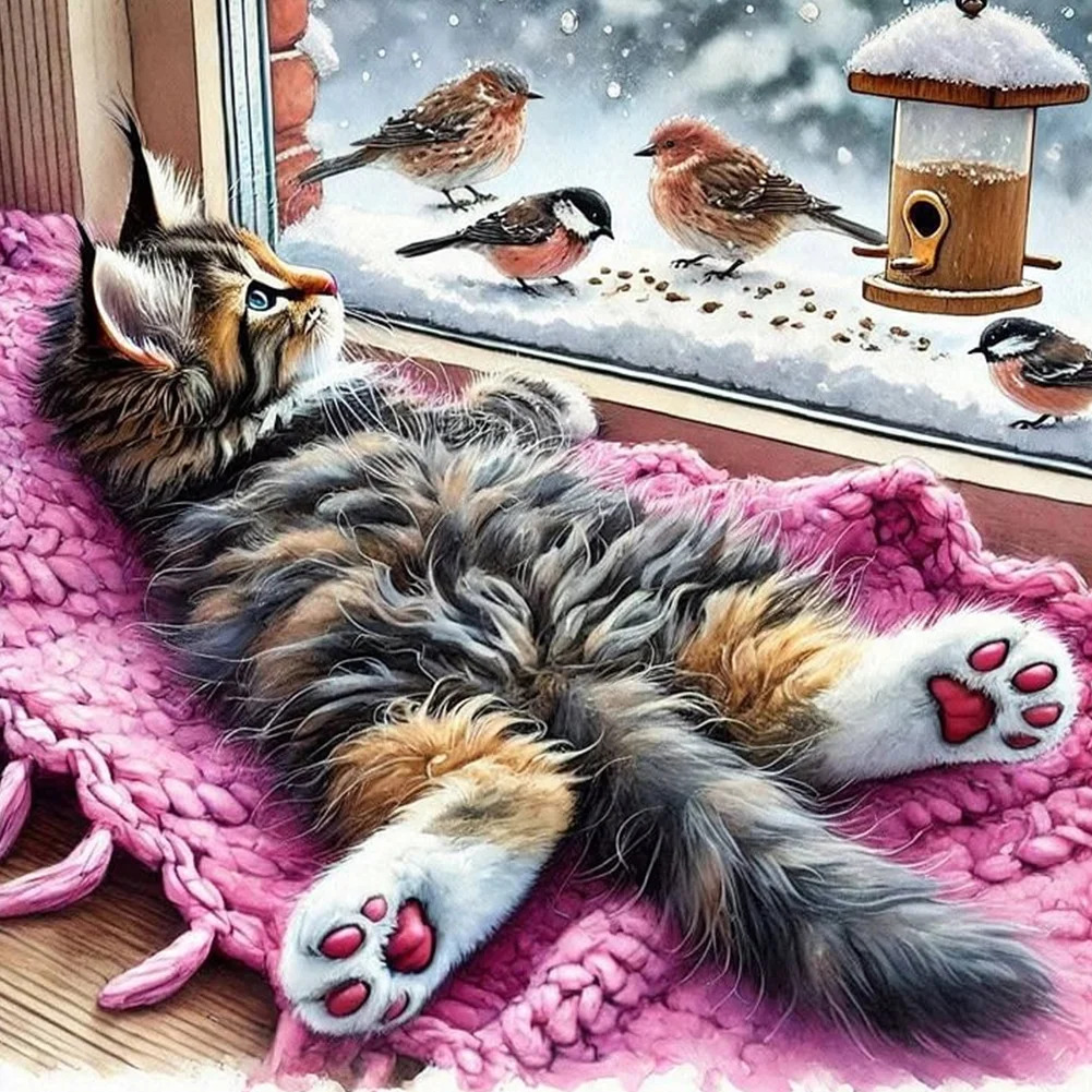 Fluffy kitten on a pink blanket by a snowy window watching birds outside