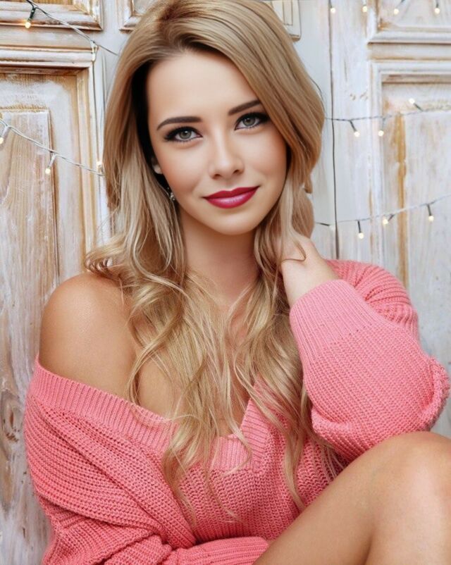 Blonde woman in an off-shoulder pink sweater seated beside a rustic wooden door and string lights.