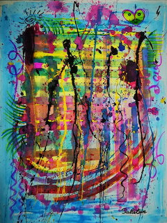 Abstract art with colorful overlapping human figures, paint splatters, and geometric patterns on turquoise background