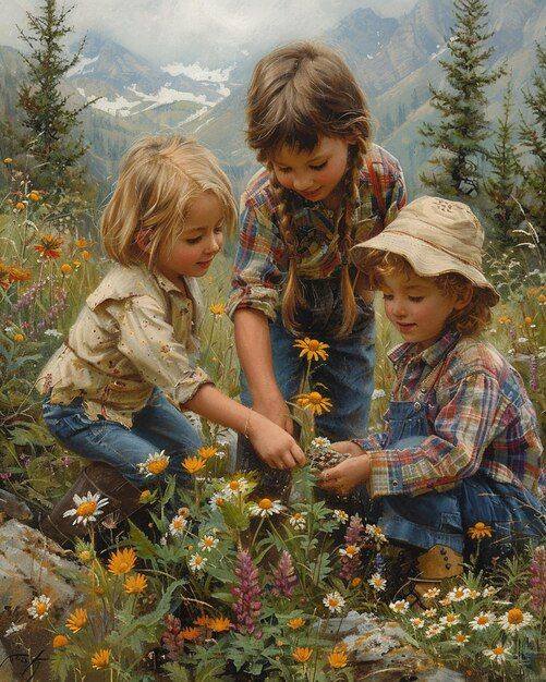 Painting of three children picking wildflowers in a mountain meadow with pine trees and snow-capped peaks