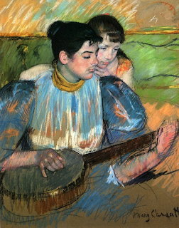 Pastel painting of a woman holding a banjo with a child leaning over her shoulder, by Mary Cassatt