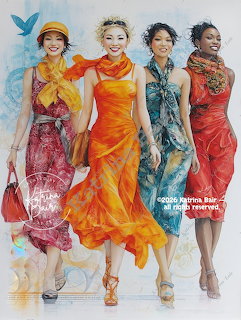 Four women in colorful flowing dresses walking together, watercolor painting style
