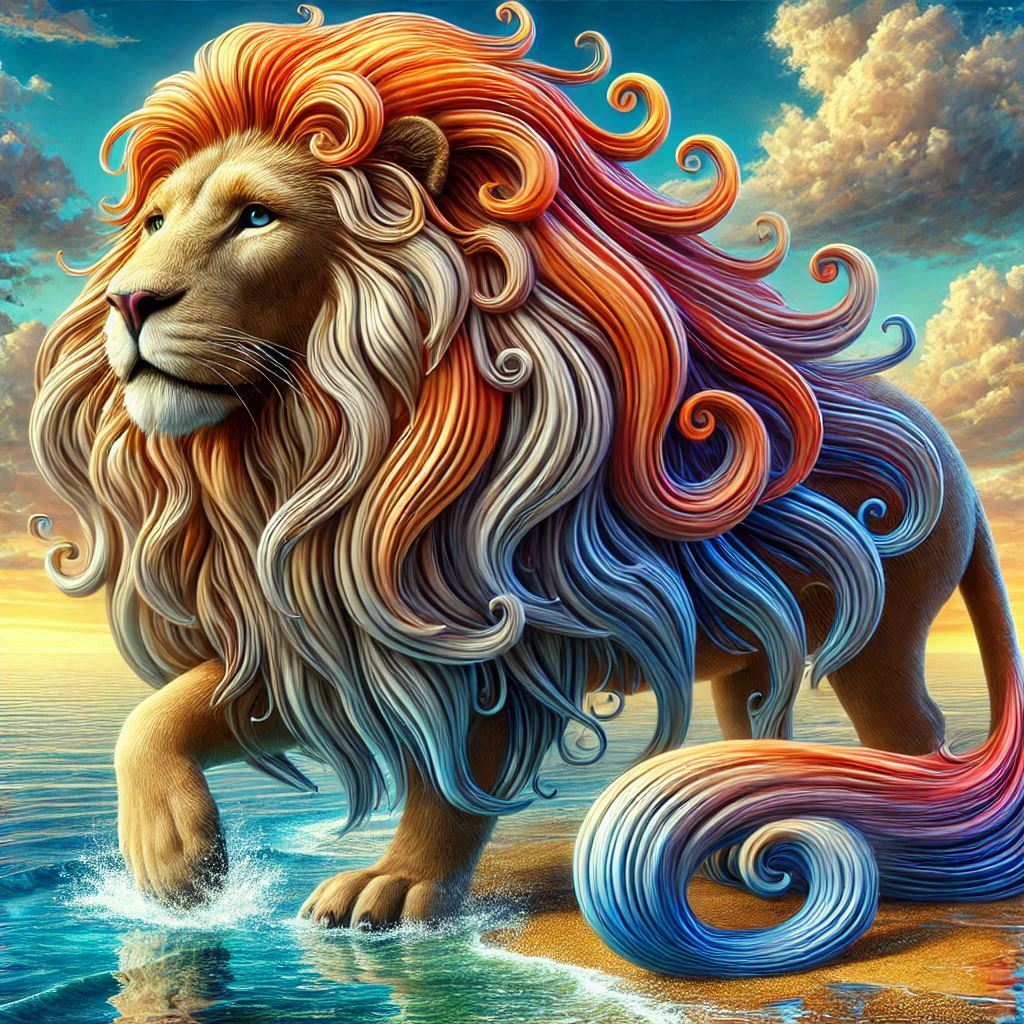 Artistic lion with vibrant swirling mane in rainbow colors standing in ocean waves at golden hour