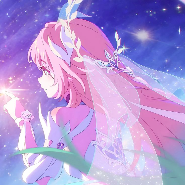 Anime girl with long pink hair in profile view against purple starry night sky with magical glowing effects