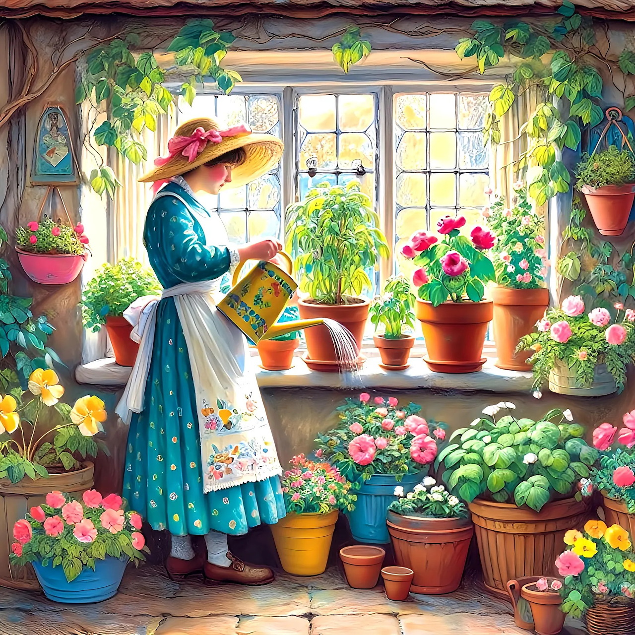 Woman in blue dress and hat watering flowers by window with potted plants