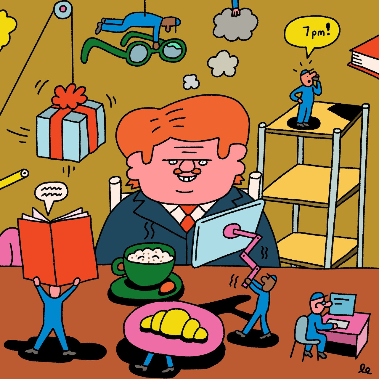 Cartoon boy sitting at table with lunch bowl and sandwich, surrounded by toys in yellow room