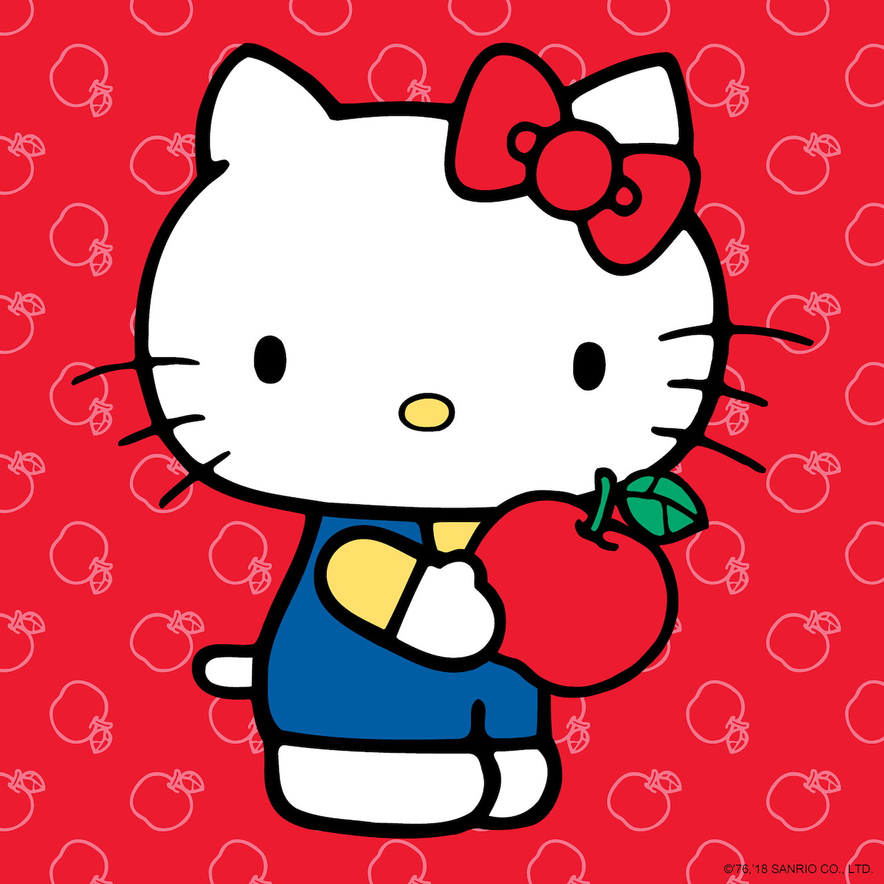 Hello Kitty cartoon character in blue overalls holding a red apple on red patterned background
