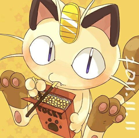 Meowth Pokemon character with large eyes and raised paws on yellow background