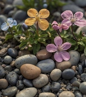Pink, yellow and blue flowers growing among smooth pebbles and gravel