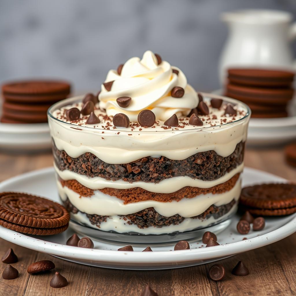 Layered cookie trifle with cream and chocolate cookies in glass bowl, topped with whipped cream and chocolate chips