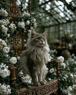 Fluffy gray Maine Coon cat sitting on ornate ledge surrounded by white flowers in a greenhouse