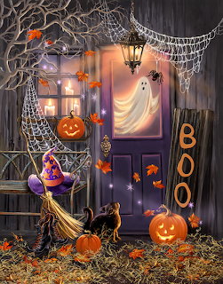 Halloween decorated purple door with white ghost, pumpkins, black cats, spider webs, and BOO sign in autumn setting