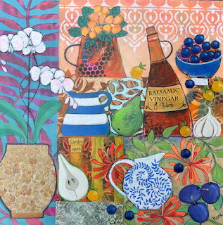 Vibrant still life painting with flowers, vases, fruits, and patterned textiles in warm colors