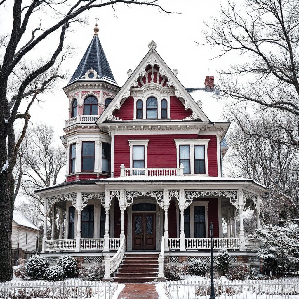 Red Victorian mansion with white trim, turret, and wraparound porch in winter landscape with snow and bare trees