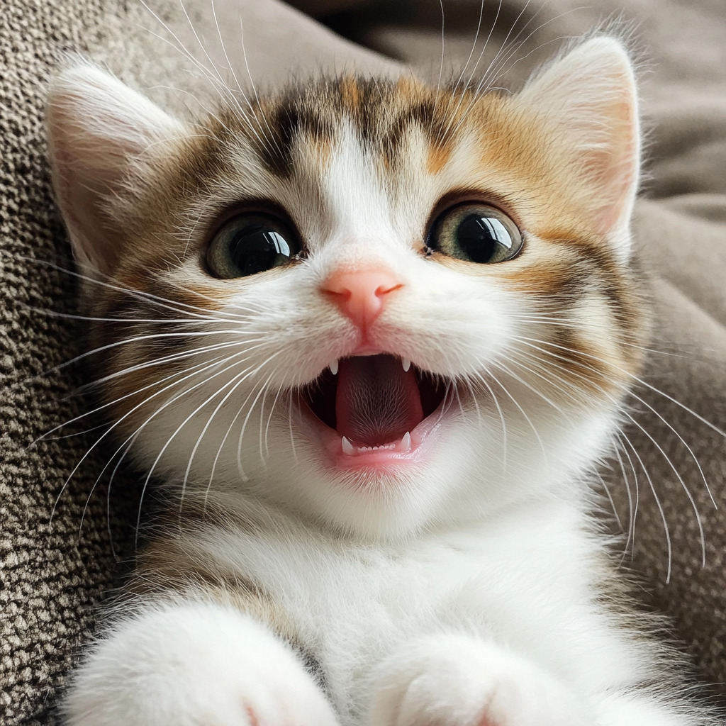 Close-up of surprised orange tabby kitten with wide eyes and open mouth
